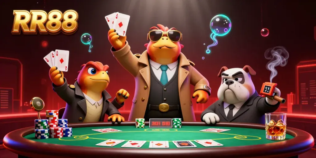 Raptors in disguise attempting to enter VIP lounge at RR88 Casino surrounded by poker elements