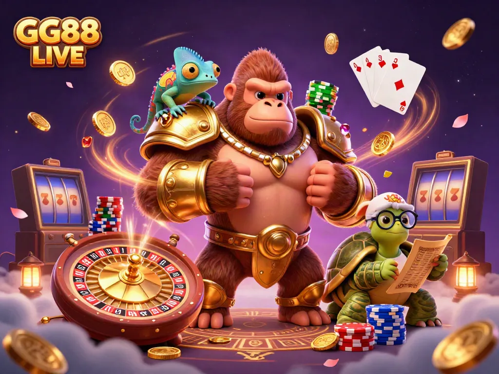 Experience the thrill of GG88 LIVE with a powerful gorilla king, chameleon spy, and tortoise elder amidst dynamic casino elements.