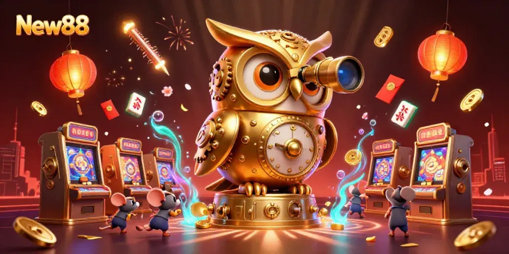 Engage in thrilling gameplay at New88, where clockwork golden owls and lively casino elements bring excitement to life.