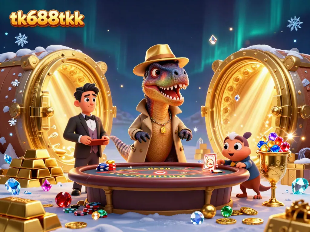 Engaging illustration of a velociraptor at a blackjack table with casino elements, promoting tk688tkk excitement.