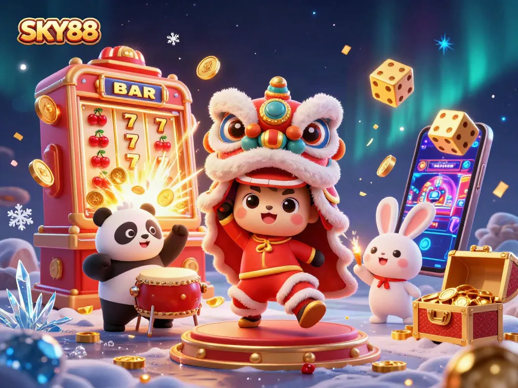Experience thrilling wins at SKY88 with vibrant gaming elements and festive characters.