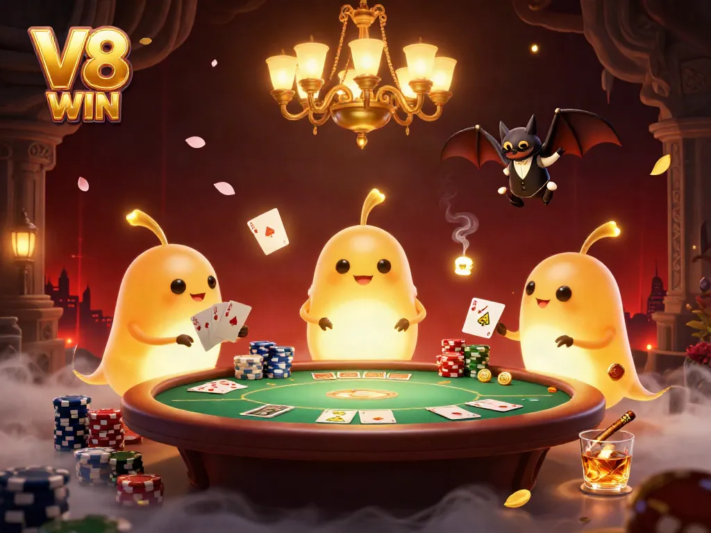 Experience the excitement of V8 WIN with bioluminescent glowworms lighting up an enchanting casino scene.