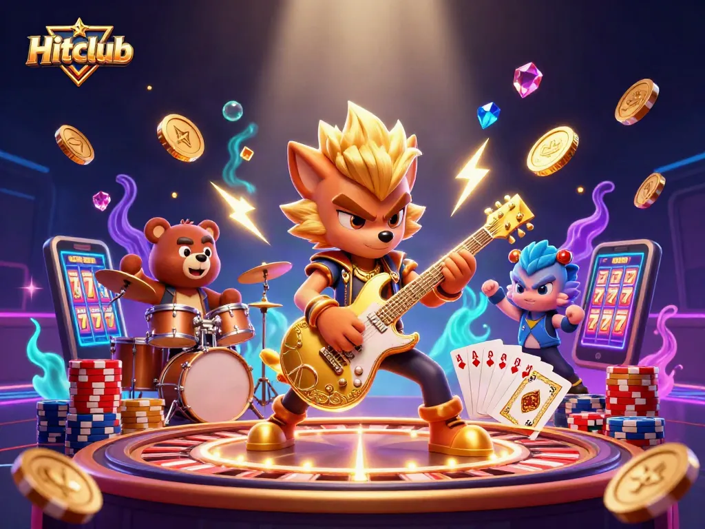 Hitclub showcases a thrilling casino scene with a rock star wolf and bear drummer amidst casino games.