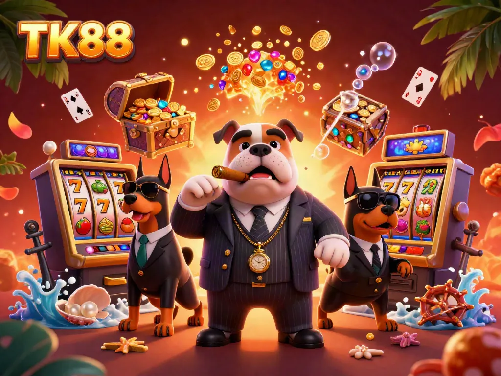 Delve into TK88's thrilling casino world, featuring a mafia bulldog with slot machines, gold coins, and vibrant gameplay.