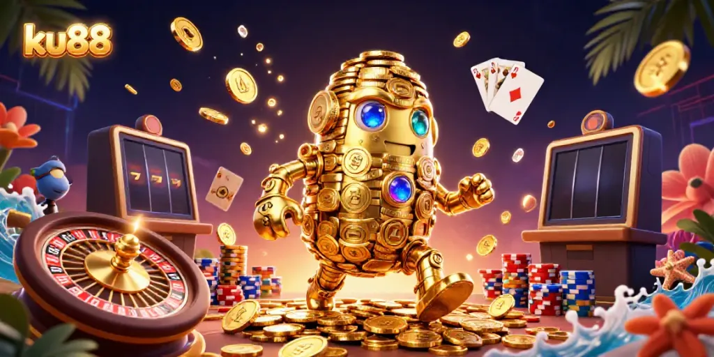 Spin the reels at KU88 with a vibrant scene featuring a golden golem amidst cascading coins and roulette wheels.