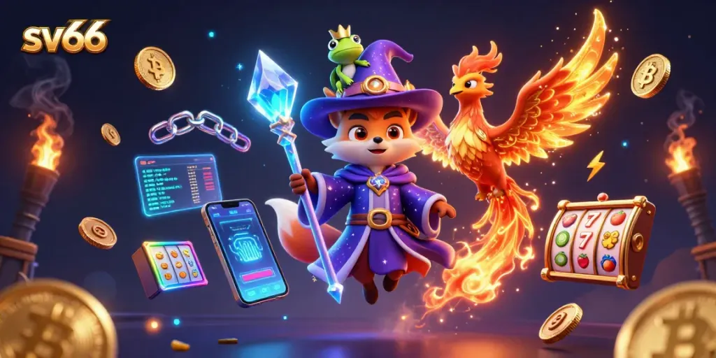 Experience thrill with sv66 casino slots amidst a magical 3D scene featuring crypto elements.
