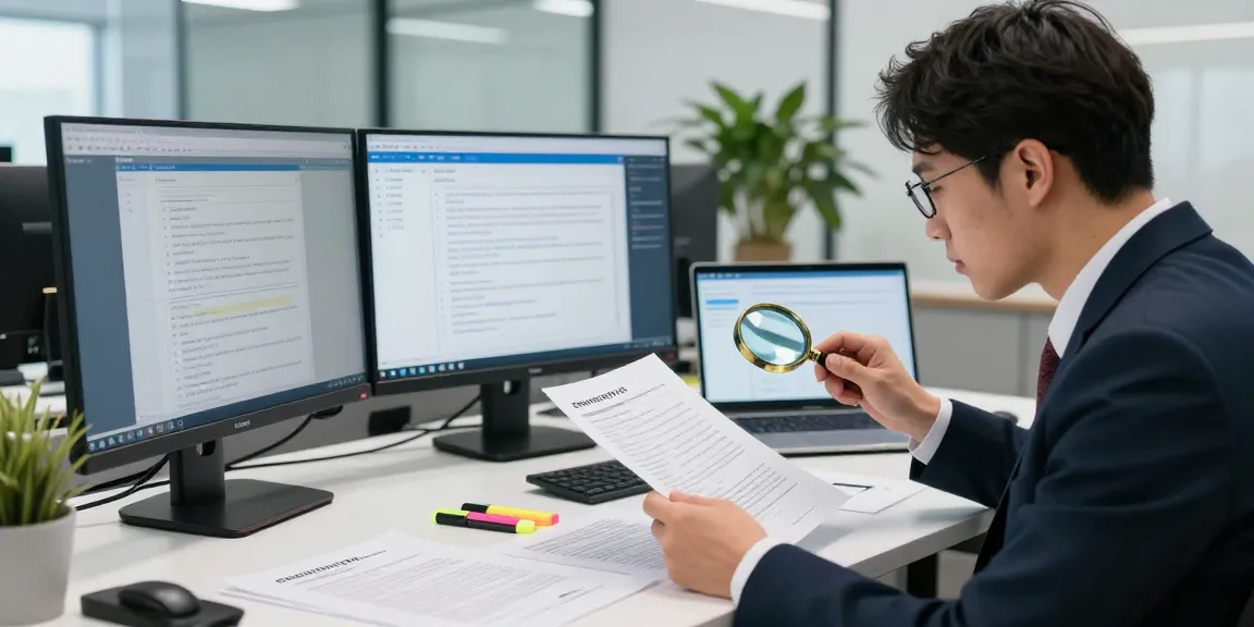 Document fraud detection analysis in a modern office setting, featuring an analyst reviewing documents and digital data.