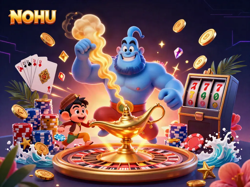 Engage with NOHU's captivating gaming scene featuring a magical genie, poker chips, and vibrant casino elements.
