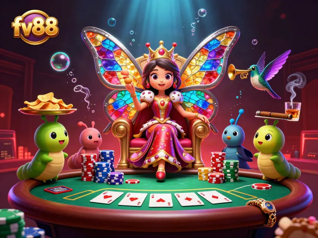 Experience the vibrant excitement of fv88, featuring a colorful butterfly queen and casino elements.