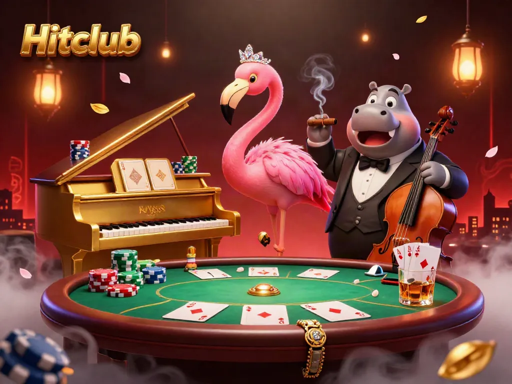 Hitclub's vibrant 3D casino scene with a flamingo singer and hippo bassist in action.