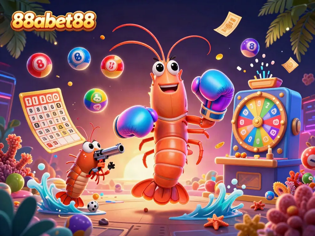 88abet88 promotes lively gambling with cartoon characters in a vibrant casino setting.