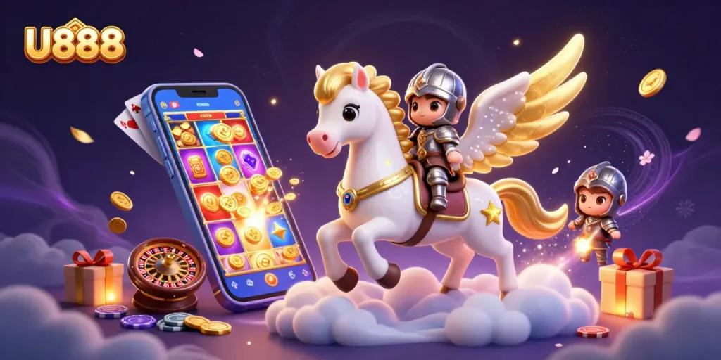 Experience thrilling casino adventures with U888 featuring a celestial horse and knight amidst vibrant gaming elements.