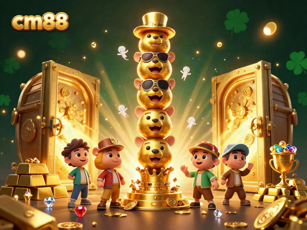 Experience the thrills at cm88 with this vibrant illustration showcasing dynamic casino elements and a whimsical totem pole.