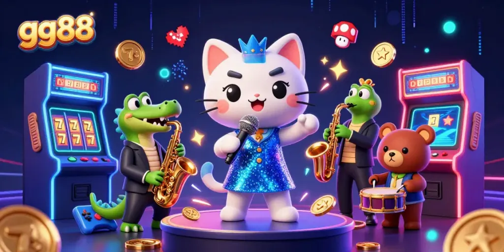 Engage with gg88's vibrant casino atmosphere featuring a singing cat, saxophone crocodile, and drumming bear.