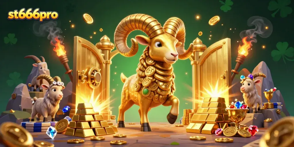 Experience thrilling wins at st666pro, featuring a dynamic golden ram amidst piles of gold and gems.