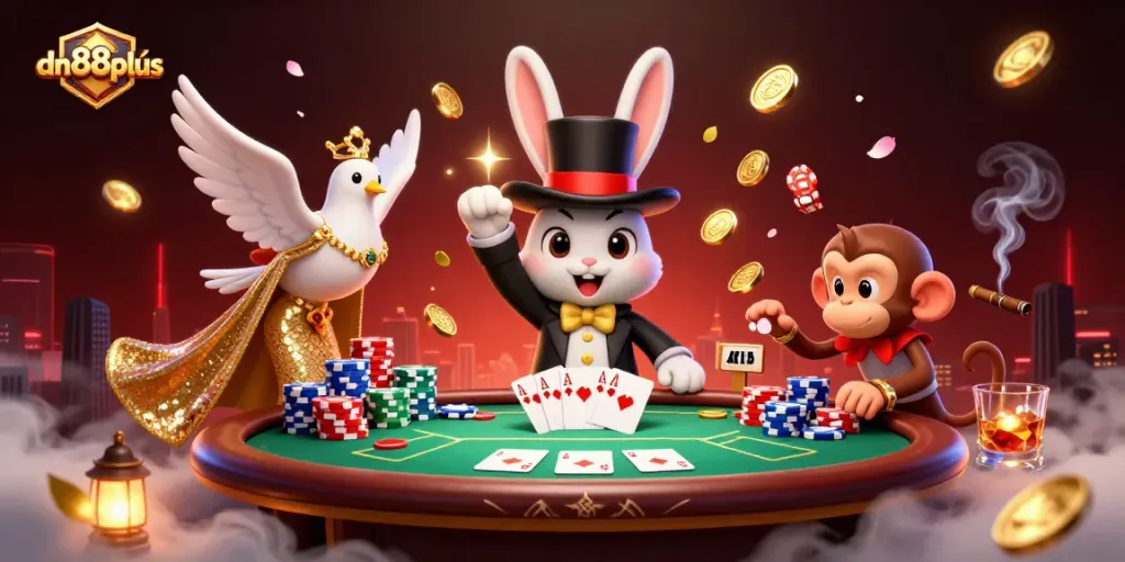 Engage with dn88plus, where a magician rabbit conjures golden coins and poker excitement!