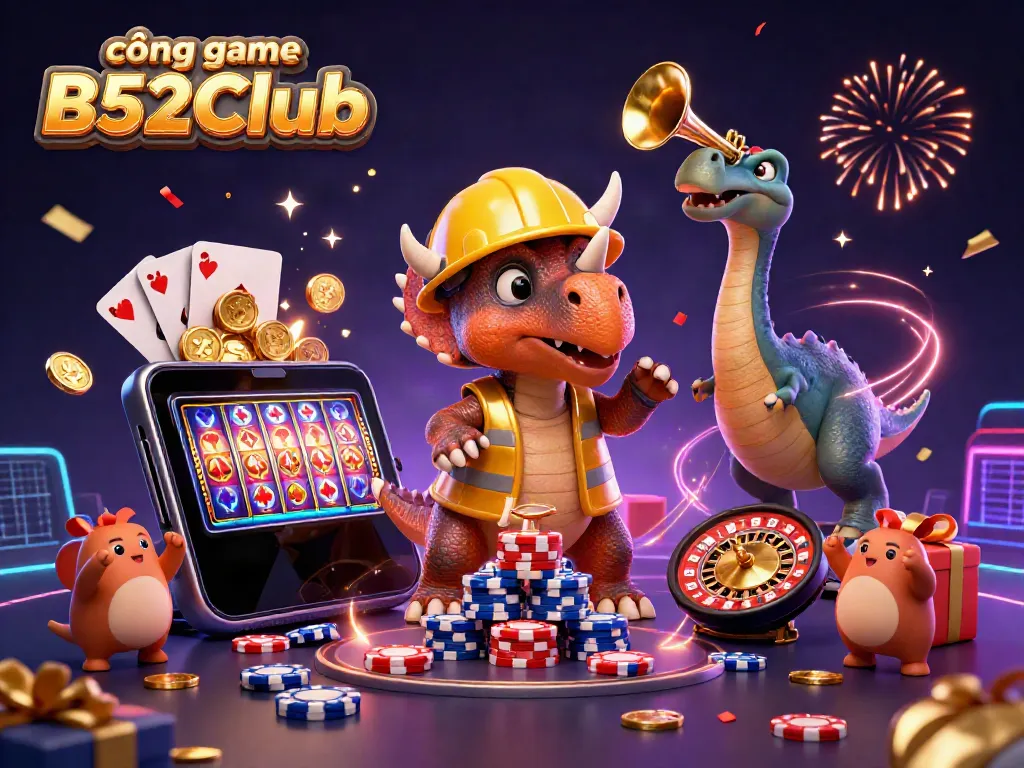 Experience the excitement at cổng game B52Club with colorful slots and dynamic characters in a vibrant casino scene.