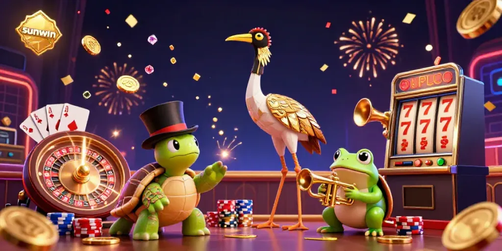 Engage with the vibrant world of sunwin featuring a lively 3D scene of characters celebrating with casino games, golden coins, and colorful poker chips.