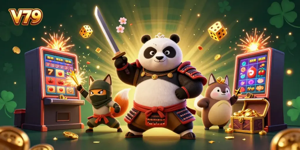Experience the exciting world of V79 with a vibrant illustrated casino scene featuring a samurai panda and immersive gaming elements.