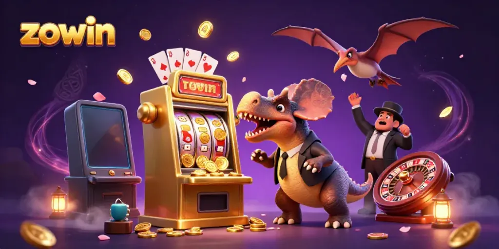 Experience the excitement at Zowin with a pachycephalosaurus hitting a jackpot while coins fly around.