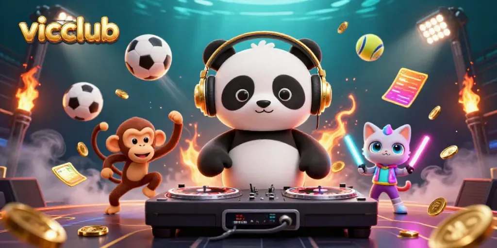 Experience the excitement of vicclub with a fun scene featuring a DJ panda, breakdancing monkey, and rave kitten in a lively casino vibe.
