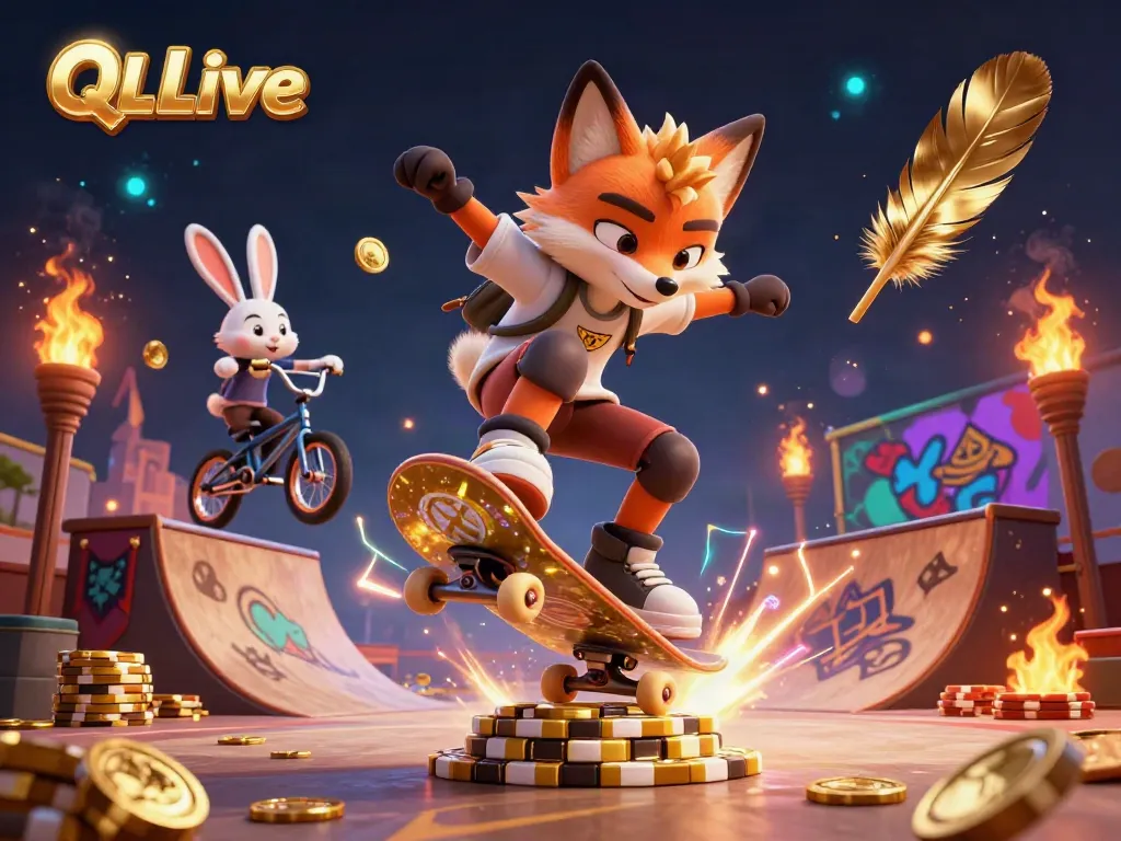 Experience the vibrant QQLive gaming world with a dynamic skateboarding fox and BMX rabbit in a 3D casino scene.