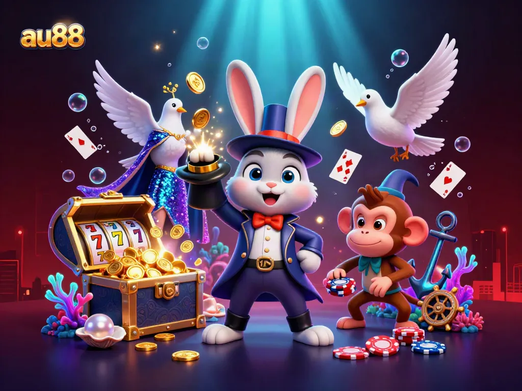 Experience the excitement at au88 as a magician rabbit conjures coins amidst gaming treasures.