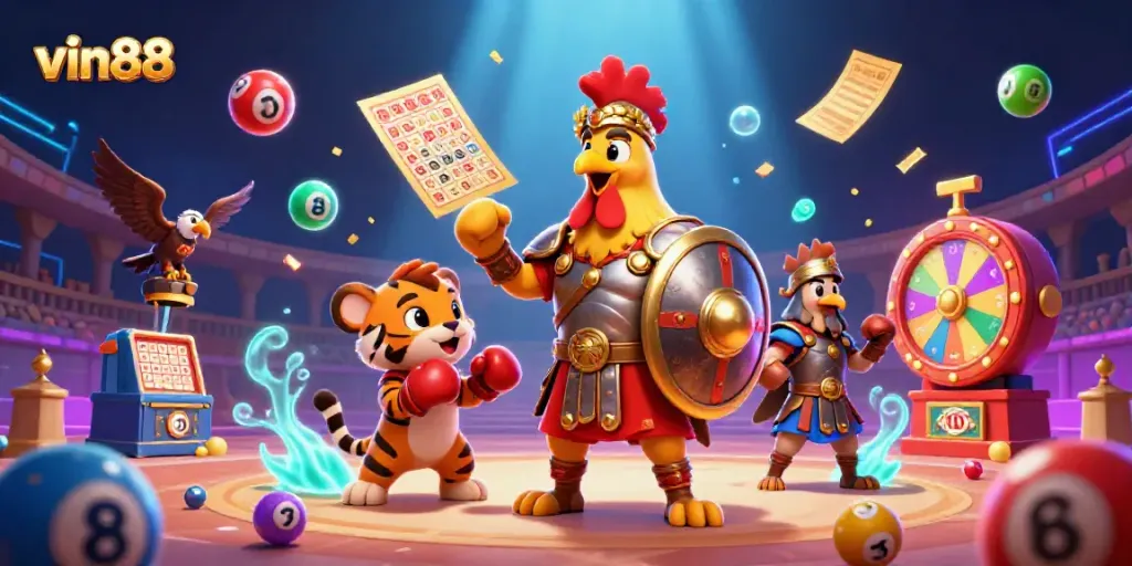 Engage in the excitement of vin88 with a vibrant 3D illustration showcasing a competitive atmosphere, including lottery elements.