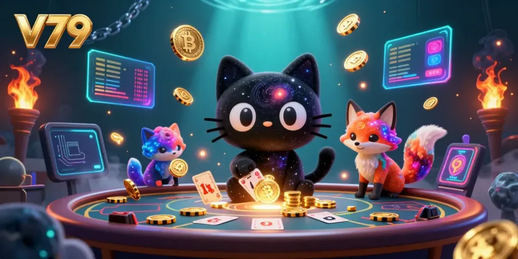 Engage with thrilling V79 casino action featuring a black hole cat pulling in golden chips.