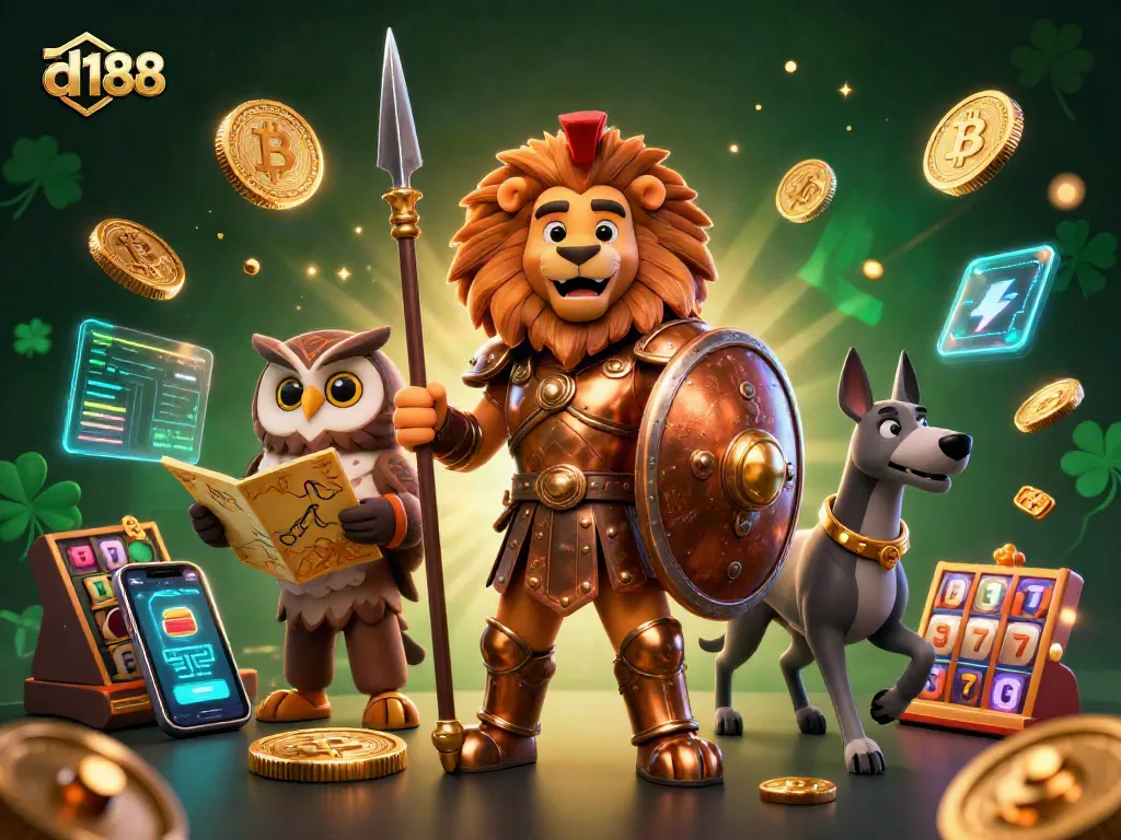 d188 showcases an action-packed casino scene with dynamic slot reels and charismatic characters.